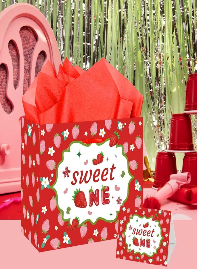 GOLDCROW Berry First Birthday Gift Bag Red Strawberry 1st Birthday Gift Wrap Bag with Tissue Paper and Birthday Card with Envelope Strawberry Themed First Sweet One Birthday Paper bags - Image 4